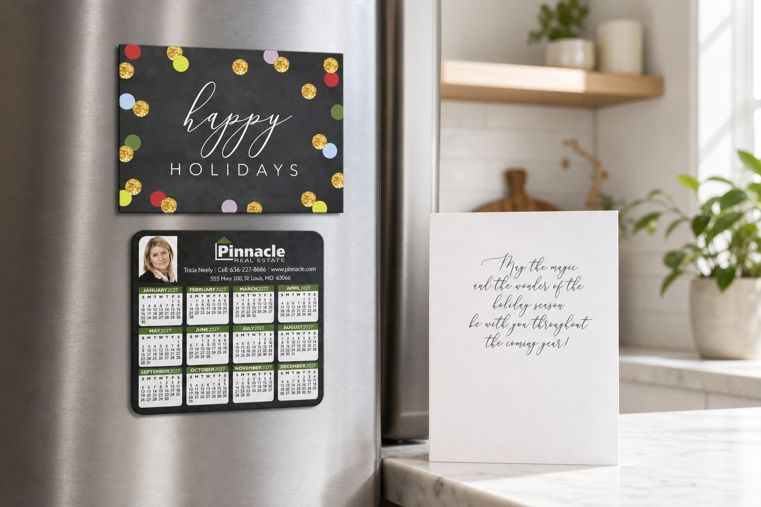 Greeting Card with MC02 Magnetic Calendar displayed on a refrigerator in a bright home workspace