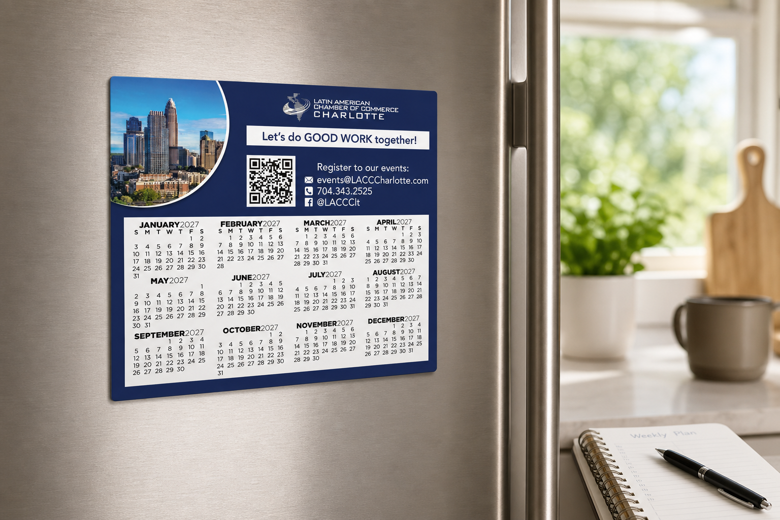 Calendar Sq Crnr Magnet 3-13/32 x 3-29/32 displayed on a refrigerator in a bright home workspace
