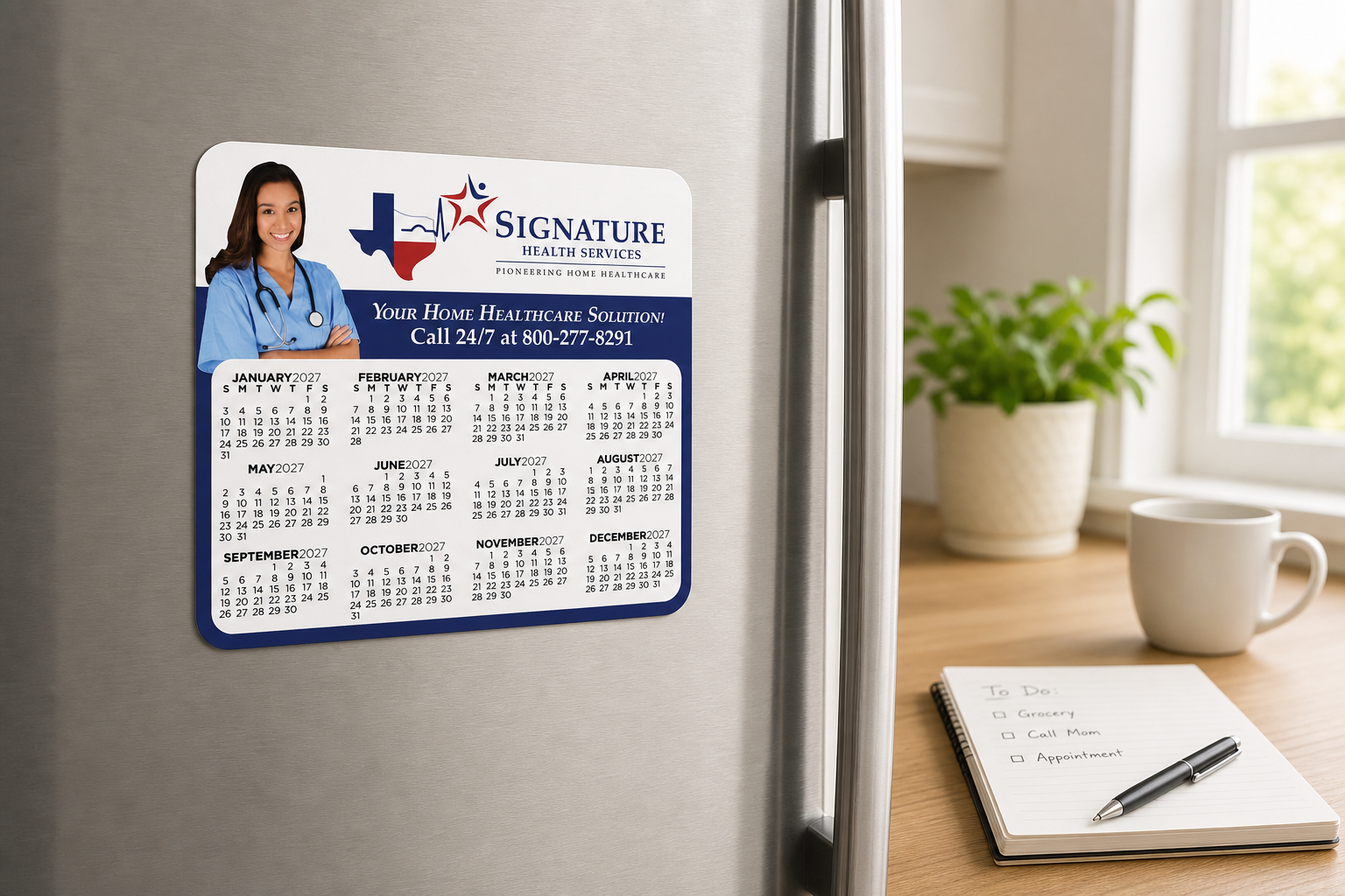 Calendar Round Corner Magnet displayed on a refrigerator in a bright home workspace