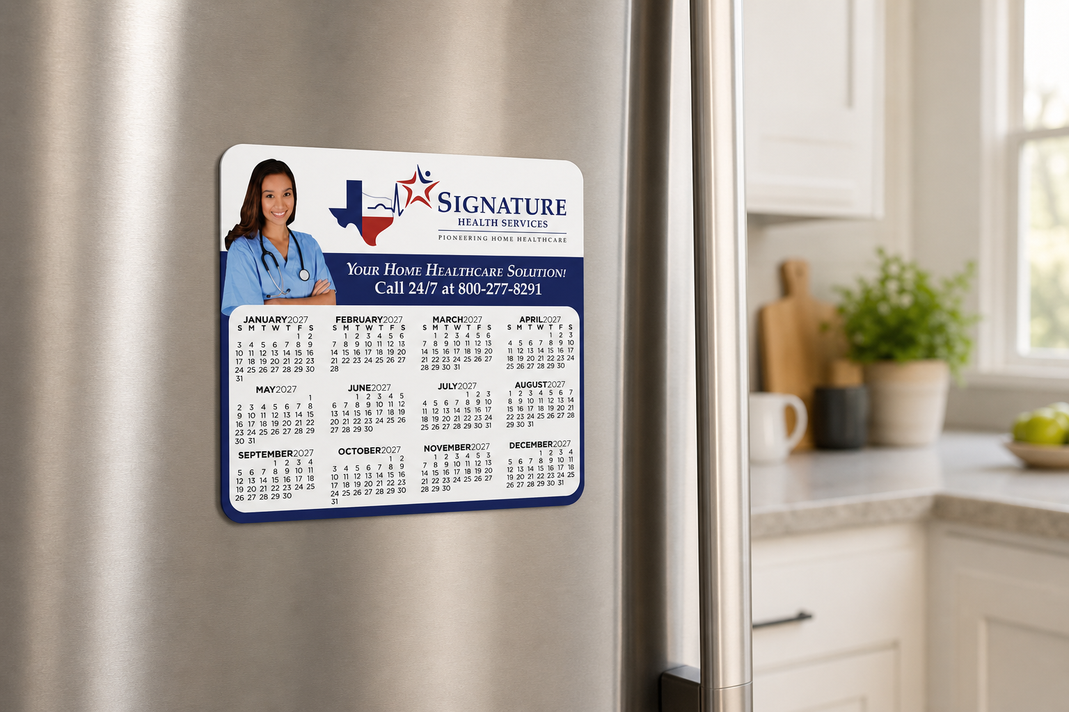 Price Buster Calendar Magnet displayed on a refrigerator in a bright home workspace
