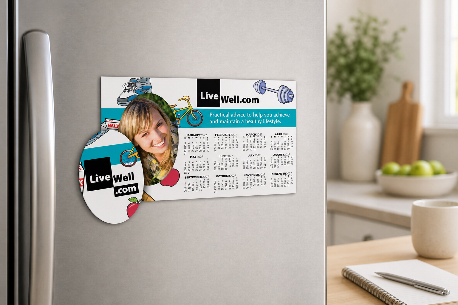 Picture Frame Magnet w/ Oval Punch Out displayed on a refrigerator in a bright home workspace