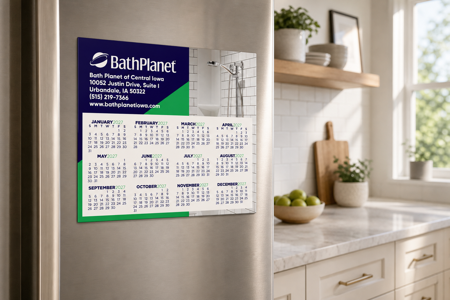 Power Magnet Calendar displayed on a refrigerator in a bright home workspace