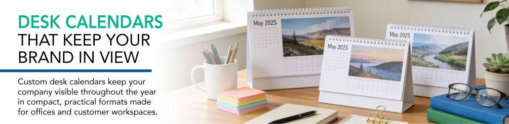 Desk calendars that keep your brand in view, displayed on an office desk