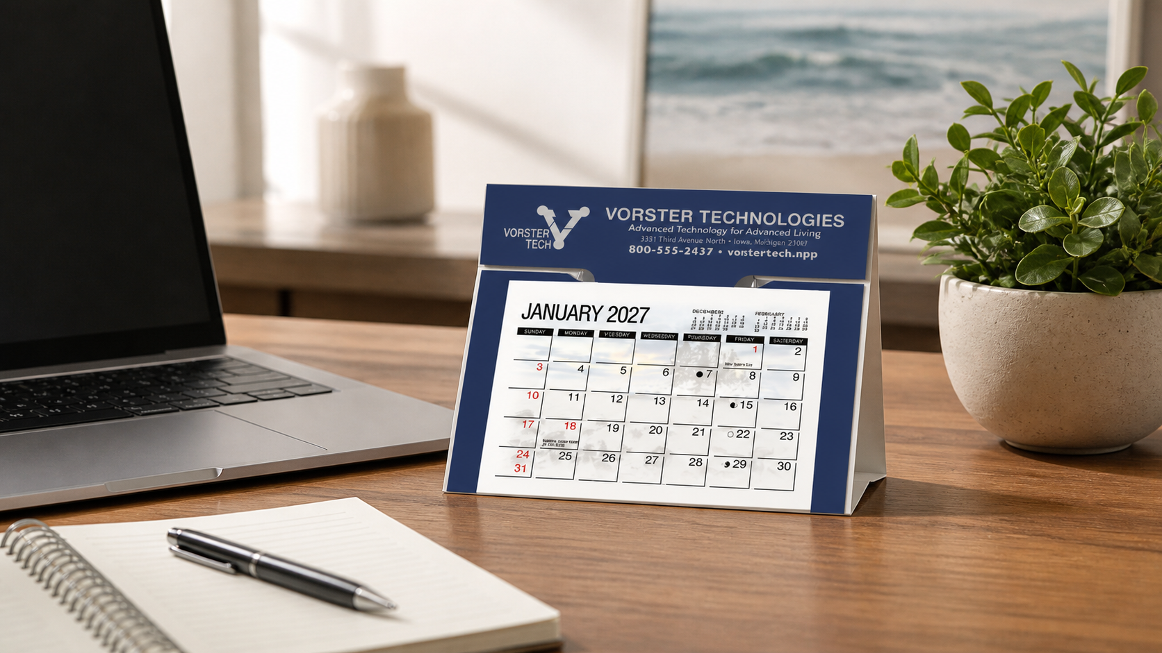America's Beauty Desk Calendar with a navy mount displayed on a home office desk