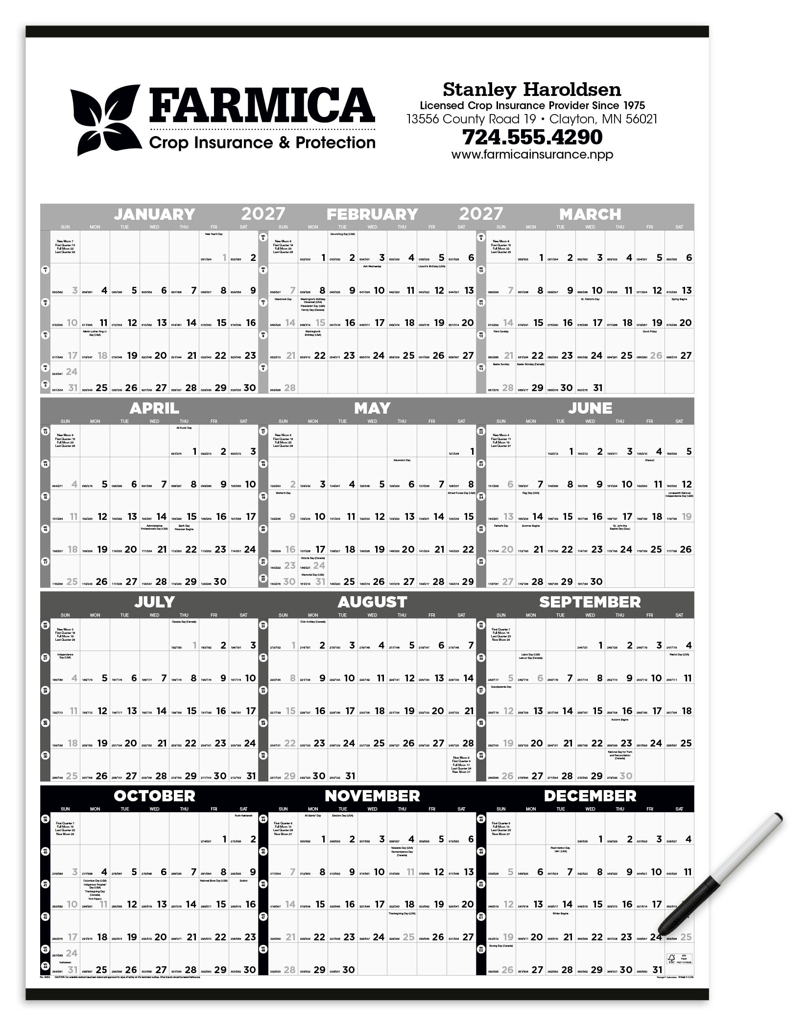 Triumph® Calendars Black & White Time Management Span-A-Year Laminated w/Marker Calendar