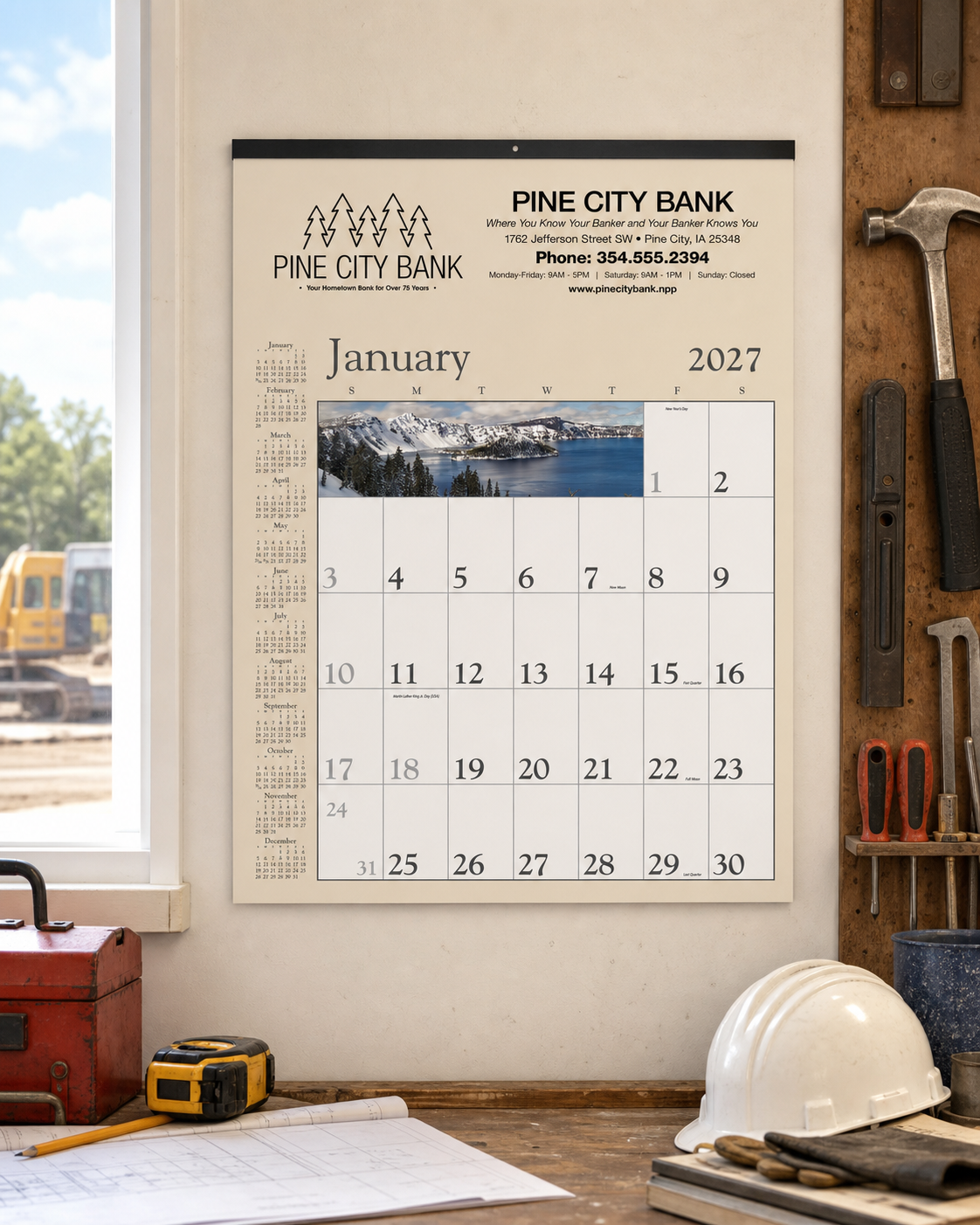 Tan and Black Contractor Memo Calendar displayed in a professional workspace