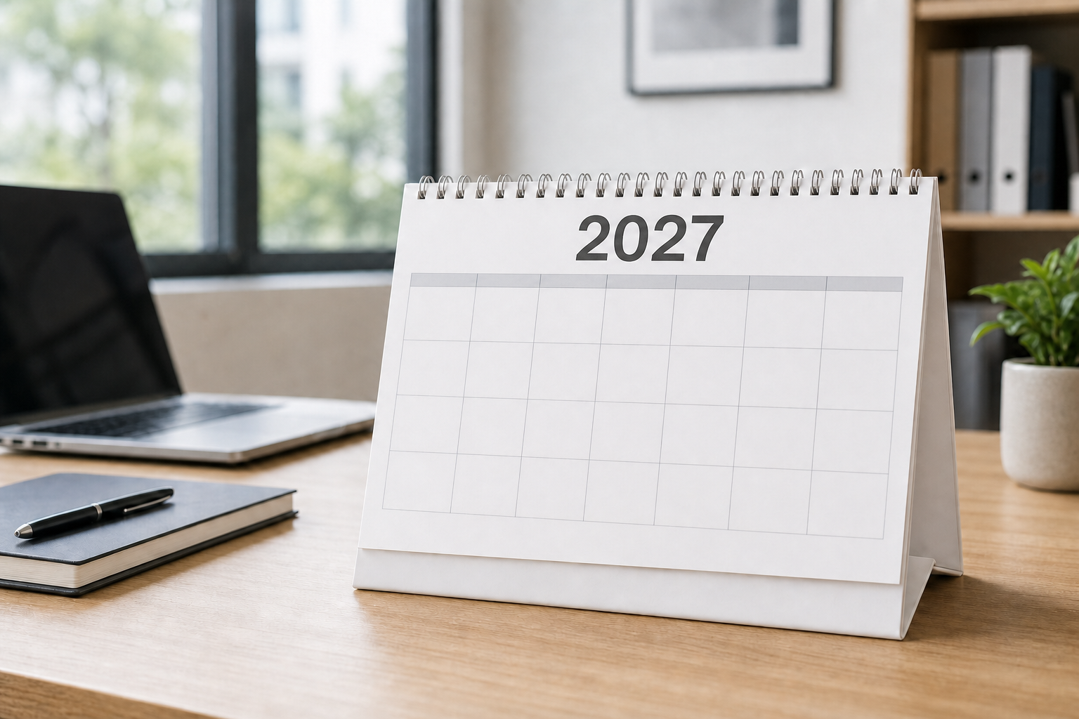 Large Econo Desk Calendar showing the 2027 calendar year on an organized office desk