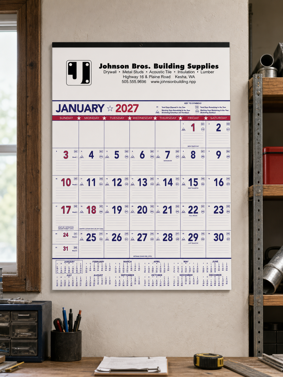 Patriotic and Black Contractor Memo Calendar displayed in a professional workspace