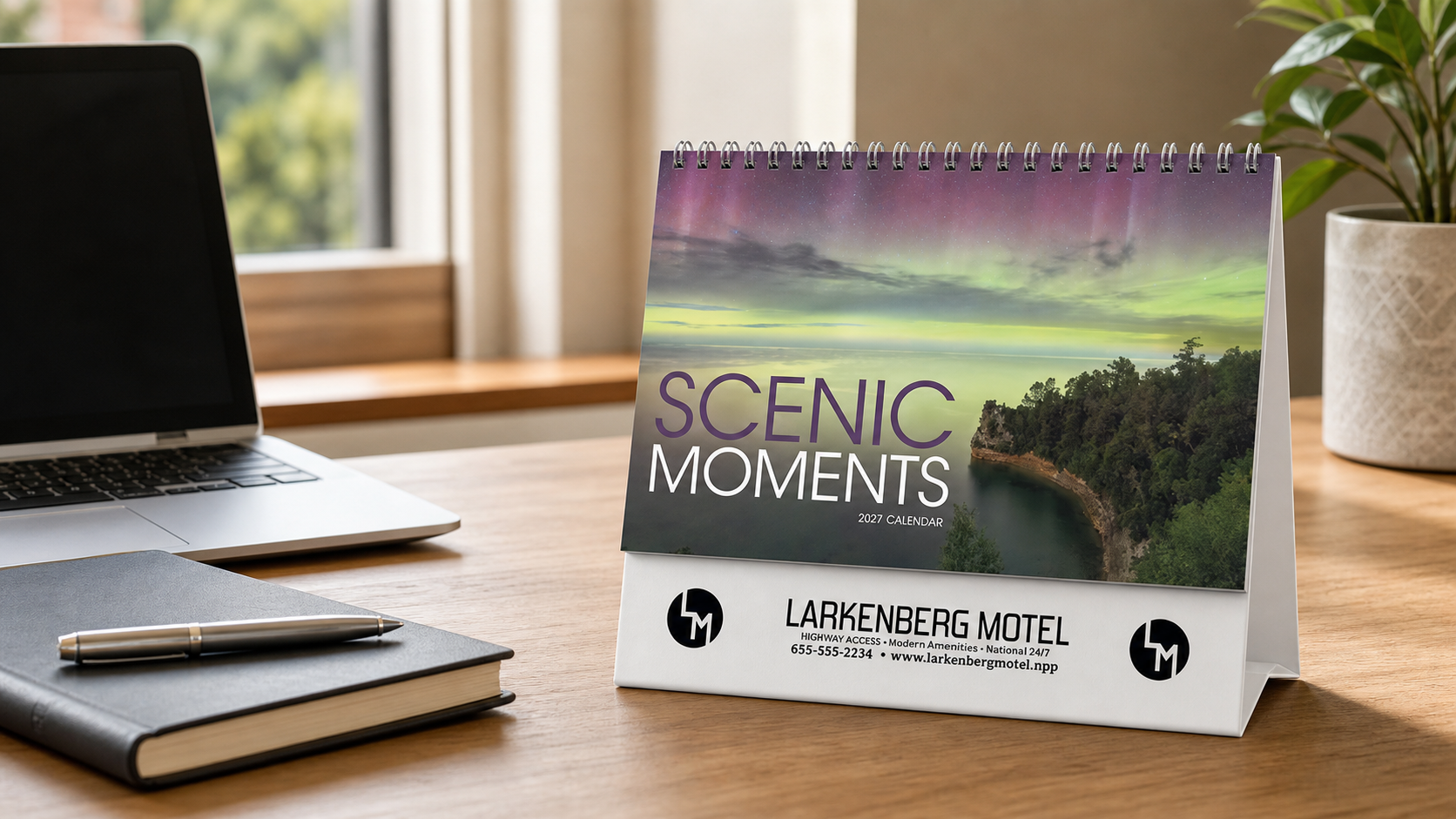 Scenic Moments Large Desk Calendar displayed on a professional office desk