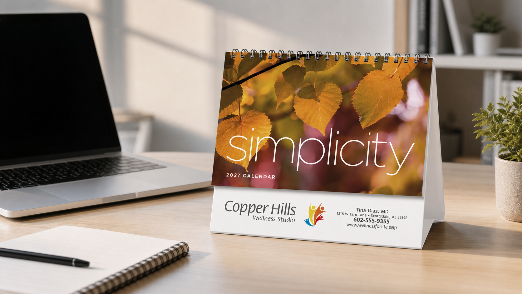 Simplicity Large Desk Calendar displayed on a bright home office desk