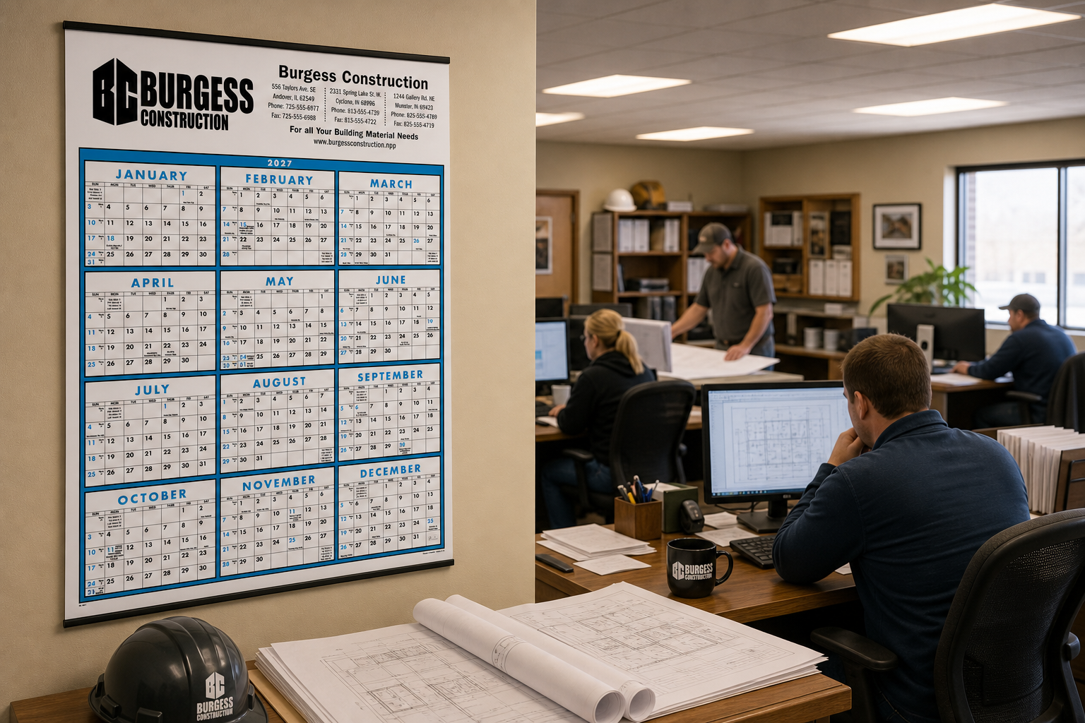 Blue and Black Contractor Memo Calendar displayed in a professional workspace