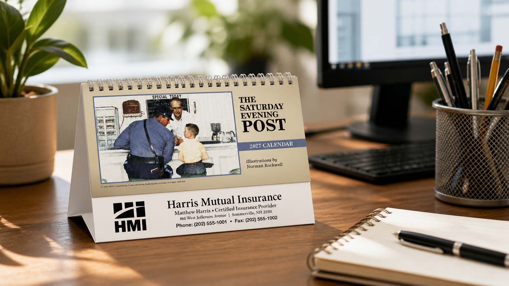 Compact Saturday Evening Post desk calendar displayed on an organized office desk