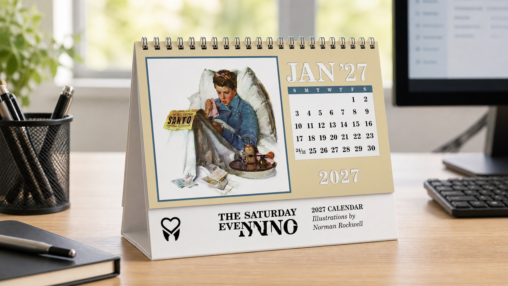 Saturday Evening Post Large Desk Calendar displayed on a professional office desk