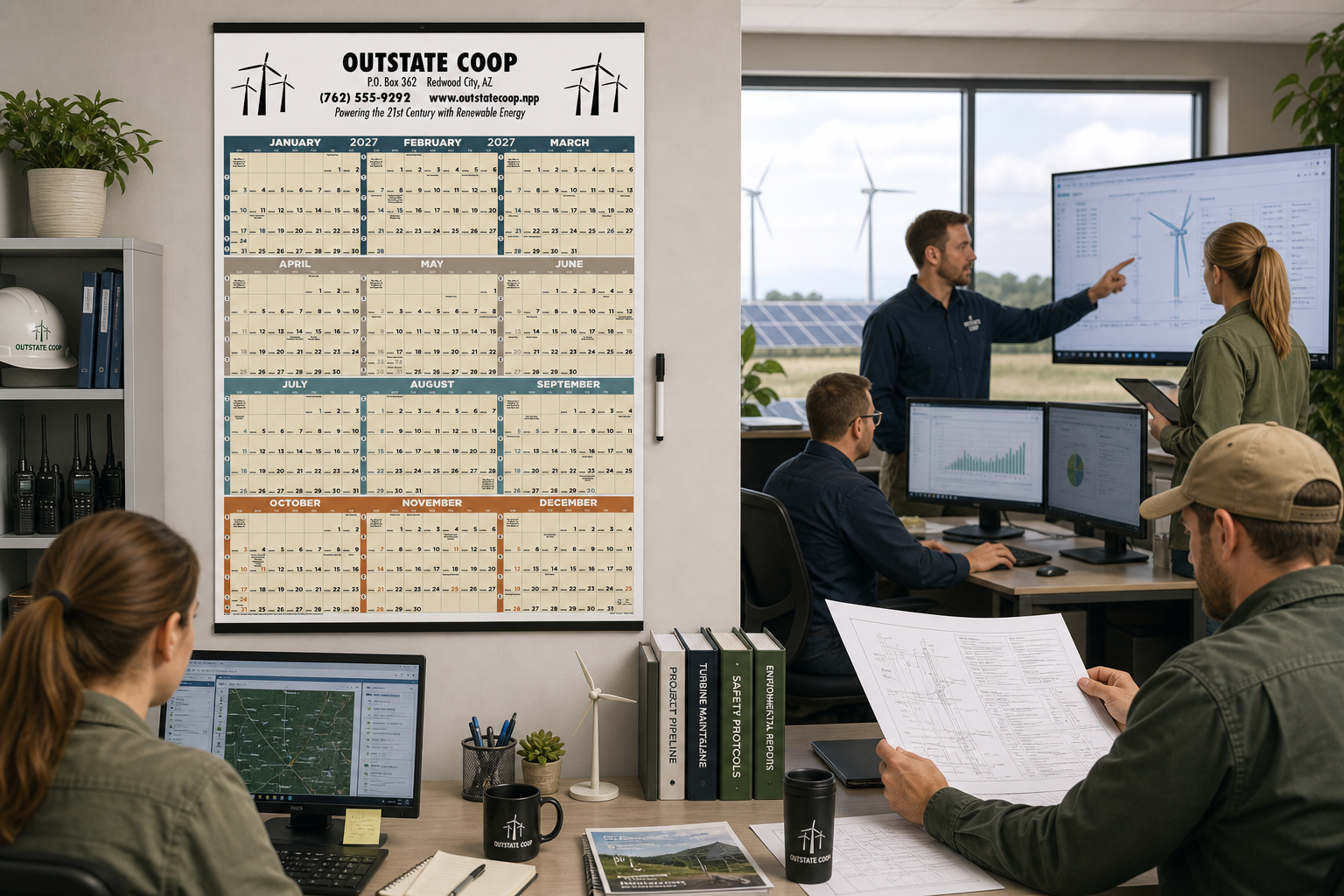 Multicolor and Black Contractor Memo Calendar displayed in a professional workspace