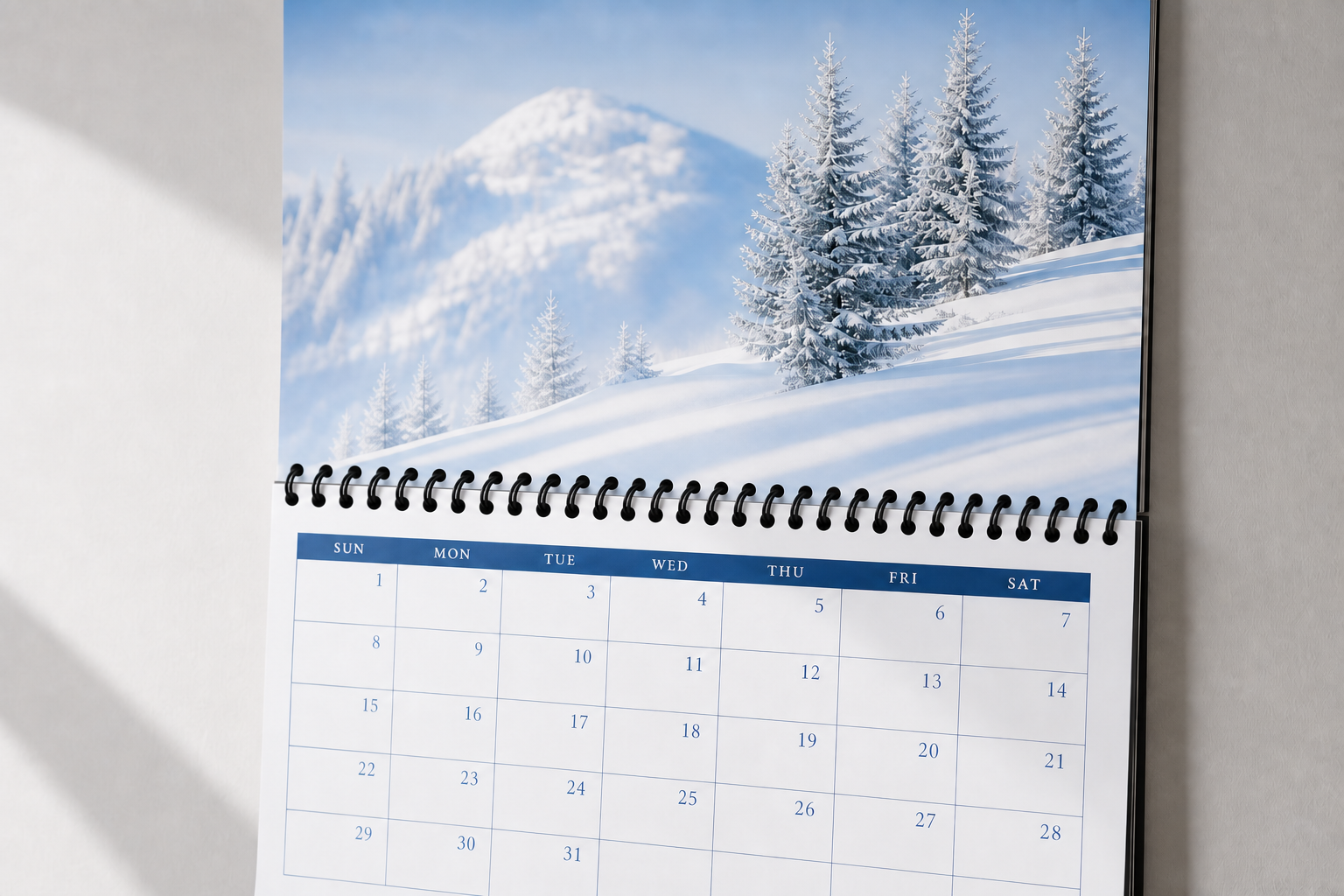 Close-up of continuous black coil binding on a wall calendar