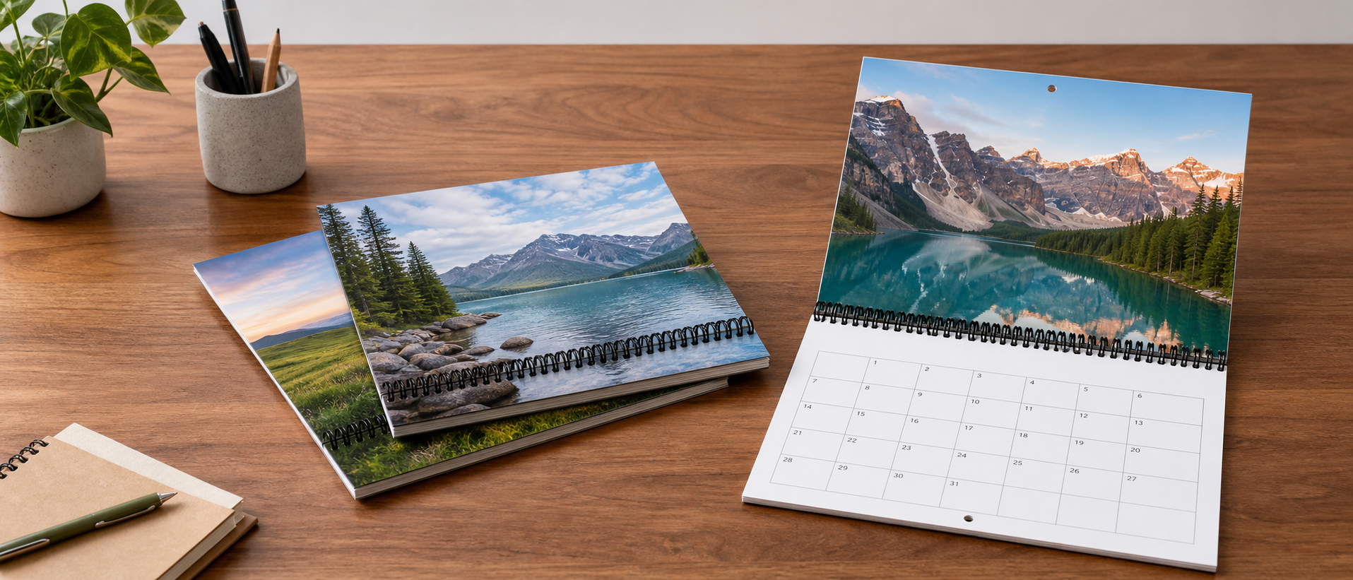 Custom wall calendars with continuous black coil spiral bindings