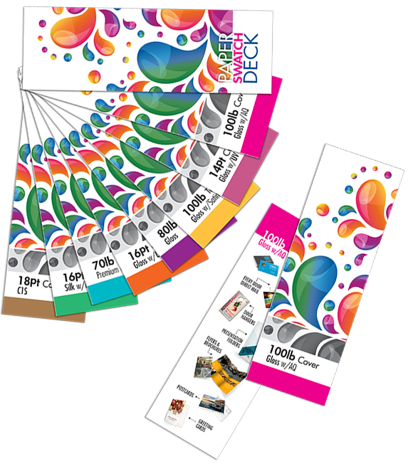 Paper sample swatch book showing popular paper stocks and finishes.